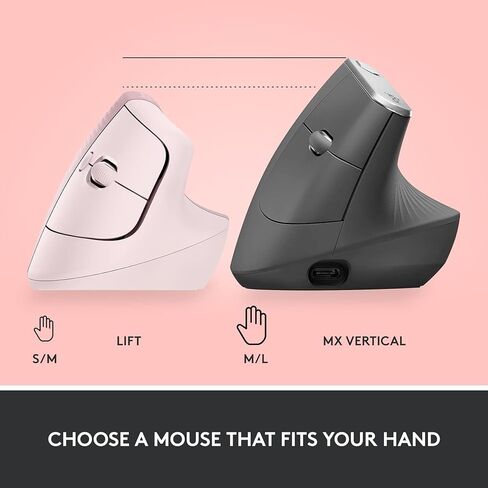 ماوس Logitech Lift Vertical مريح، لاسلكي، بلوتوث أو جهاز استقبال USB Logi Bolt، نقرات هادئة، 4 أزرار، متوافق مع Windows/macOS/iPadOS، والكمبيوتر المحمول، والكمبيوتر الشخصي - وردي (متجدد) in Kuwait