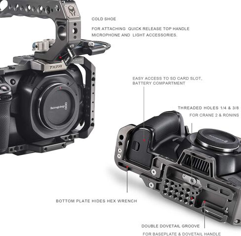 قفص كاميرا مائل لمجموعة BMPCC 4K/6K الأساسية | تيلتا جراي | متوافق مع كاميرات سينما بلاك ماجيك بوكيت | مقبض علوي، حامل محرك SSD، كابل USB-C، محول HDMI متضمن | تا-T01-ب in Saudi Arabia