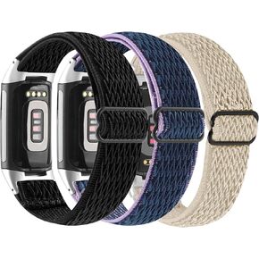 【3Pack】Kabbba Elastic Watch Band Compatible with Fitbit Charge 5/Charge 6,Stretch Woven Soft Nylon Sport Breathable Wristband Replacement Women Men for Fitbit Charge