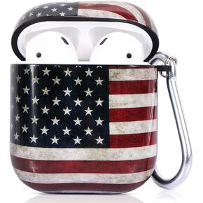 حافظة ROLEES Airpods، 3 في 1 إكسسوارات Airpods رخامية لطيفة غطاء حماية صلب قابل للحمل ومقاوم للصدمات للنساء والفتيات والرجال مع سلسلة مفاتيح/حزام/خطافات أذن لعلبة شحن Airpods 2/1 (العلم الأمريكي) in Kuwait