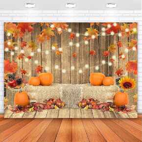Avezano Autumn Tanksgiving Photogrpahy Backdrop Rustic Pumpkin Wooden Floor Harvest Background Fall Maple Leaves Baby Shower Banner Decorations Party Supplies Photo Booth Props (8x6)