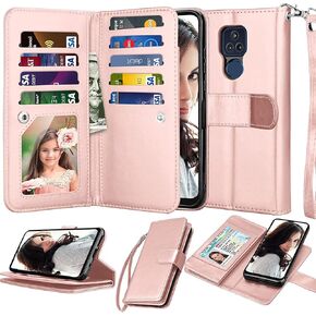حافظة NJJEX لهاتف Moto G Play 2021، حافظة محفظة لهاتف Motorola Moto G Play 2021، [9 فتحات للبطاقات] حامل بطاقات هوية من جلد البولي يوريثان قابل للطي [قابل للفصل] غطاء هاتف مغناطيسي وحبل [ذهبي وردي] in Kuwait