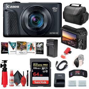 كاميرا Canon PowerShot SX740 HS الرقمية (أسود) (2955C001) + بطاقة ذاكرة سعة 64 جيجابايت + بطارية NB13L + برنامج Corel للصور + شاحن + قارئ بطاقات + حقيبة ناعمة + حامل ثلاثي القوائم مرن + المزيد (متجدد) in Kuwait