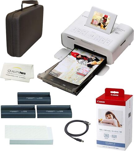 طابعة الصور اللاسلكية المدمجة SELPHY CP1300 من Canon مع طباعة جهاز AirPrint وMopria، مع ورق Canon KP108 وحقيبة صلبة سوداء لتناسب الجميع معًا (أبيض) in Kuwait