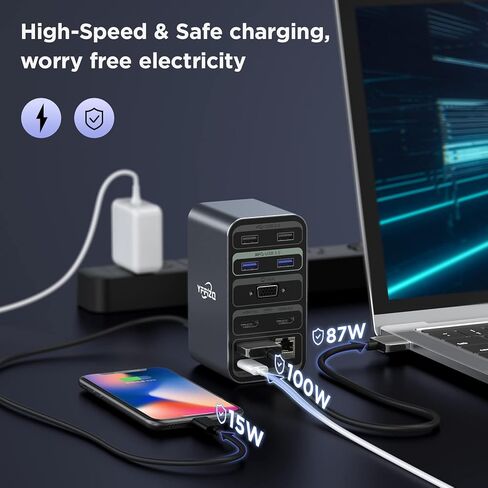 قاعدة شحن للكمبيوتر المحمول USB C ذات شاشة مزدوجة HDMI، قاعدة USB C 15 في 1 مع HDMI مزدوج، VGA، 6 USB C وكابل USB 60 وات، وفتحة SD TF ومنفذ RJ45 واوديو / ميكروفون، قاعدة USB C in Kuwait