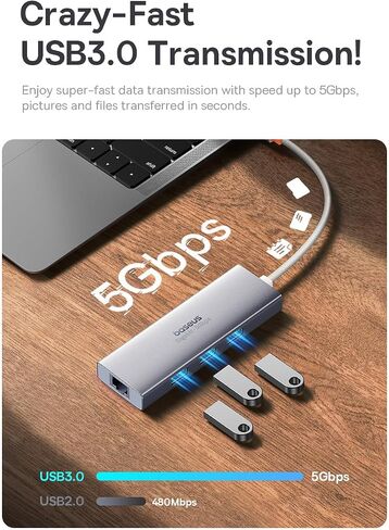 قاعدة إرساء USB C من Baseus، محور USB C 4 في 1 مع جيجابت إيثرنت و3 منافذ USB-A 3.0، قاعدة إرساء للكمبيوتر المحمول متوافقة مع أجهزة MacBook/Dell XPS/HP/Lenovo/Surface in Kuwait