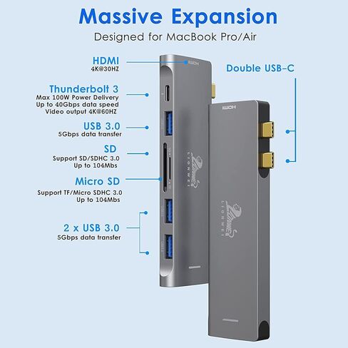 محول USB C Hub لجهاز MacBook Pro متعدد المنافذ مع 4K HDMI، 100W PD 40Gbps Thunderbolt 3، قارئ بطاقة SD/TF، ​​3 USB 3.0، دونجل متعدد المنافذ لجهاز MacBook Pro 2020 2019 2018 2017 2016 in Kuwait