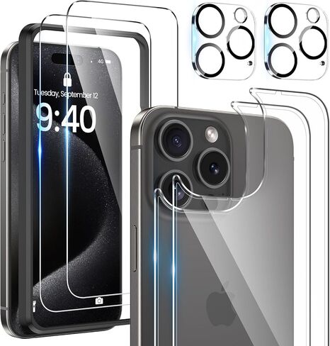 Maxdara [6 in 1 for iPhone 15 Pro Max Screen Protector(6.7 inch), 2 Pack iPhone 15 Pro Max Back Screen Protector with 2 Pack Front Screen Protector and Camera Lens Protector, 9H Hardness, Ultra HD in Kuwait