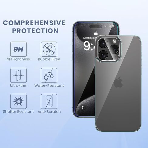 Maxdara [6 in 1 for iPhone 15 Pro Max Screen Protector(6.7 inch), 2 Pack iPhone 15 Pro Max Back Screen Protector with 2 Pack Front Screen Protector and Camera Lens Protector, 9H Hardness, Ultra HD in Kuwait