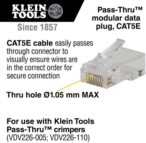 Klein Tools VDV826-702 قابس بيانات معياري للتمرير، RJ45 CAT5E، مطلي بالذهب، موصلات المرور 50 حزمة in Saudi Arabia