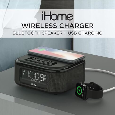 iHome Alarm Clock with Wireless Charging, Bluetooth Speaker, and USB Charger, Digital Clock for Bedroom, Office, or Dorm (IBTW23B8) in Kuwait