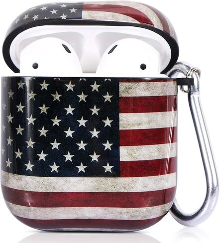 حافظة ROLEES Airpods، 3 في 1 إكسسوارات Airpods رخامية لطيفة غطاء حماية صلب قابل للحمل ومقاوم للصدمات للنساء والفتيات والرجال مع سلسلة مفاتيح/حزام/خطافات أذن لعلبة شحن Airpods 2/1 (العلم الأمريكي) in Kuwait