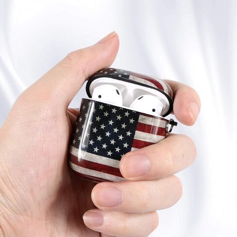 حافظة ROLEES Airpods، 3 في 1 إكسسوارات Airpods رخامية لطيفة غطاء حماية صلب قابل للحمل ومقاوم للصدمات للنساء والفتيات والرجال مع سلسلة مفاتيح/حزام/خطافات أذن لعلبة شحن Airpods 2/1 (العلم الأمريكي) in Kuwait