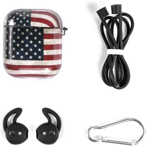 حافظة ROLEES Airpods، 3 في 1 إكسسوارات Airpods رخامية لطيفة غطاء حماية صلب قابل للحمل ومقاوم للصدمات للنساء والفتيات والرجال مع سلسلة مفاتيح/حزام/خطافات أذن لعلبة شحن Airpods 2/1 (العلم الأمريكي) in Kuwait