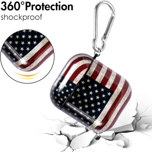 حافظة ROLEES Airpods، 3 في 1 إكسسوارات Airpods رخامية لطيفة غطاء حماية صلب قابل للحمل ومقاوم للصدمات للنساء والفتيات والرجال مع سلسلة مفاتيح/حزام/خطافات أذن لعلبة شحن Airpods 2/1 (العلم الأمريكي) in Kuwait