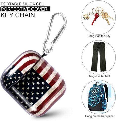 حافظة ROLEES Airpods، 3 في 1 إكسسوارات Airpods رخامية لطيفة غطاء حماية صلب قابل للحمل ومقاوم للصدمات للنساء والفتيات والرجال مع سلسلة مفاتيح/حزام/خطافات أذن لعلبة شحن Airpods 2/1 (العلم الأمريكي) in Kuwait