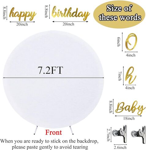 غطاء خلفية دائري أبيض من Bxsif - خلفية مستديرة بيضاء مقاس 7.2 × 7.2 قدم مع قطعتين من المشبك أو ملصقات عيد ميلاد سعيد للأطفال لتزيين حفلات أعياد ميلاد الأطفال. in Kuwait