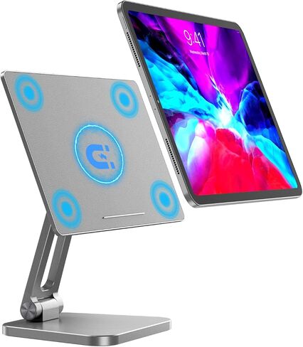 حامل مغناطيسي لجهاز iPad Pro بشاشة مقاس 12.9 بوصة من الجيل الثالث والرابع والخامس من XUNMEJ حامل حامل للكمبيوتر اللوحي حديث دوار أبل قابل للطي وقابل للتعديل من الألومنيوم لأجهزة iPad (فضي) in Saudi Arabia