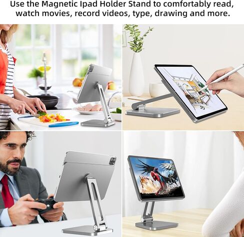 حامل مغناطيسي لجهاز iPad Pro بشاشة مقاس 12.9 بوصة من الجيل الثالث والرابع والخامس من XUNMEJ حامل حامل للكمبيوتر اللوحي حديث دوار أبل قابل للطي وقابل للتعديل من الألومنيوم لأجهزة iPad (فضي) in Saudi Arabia