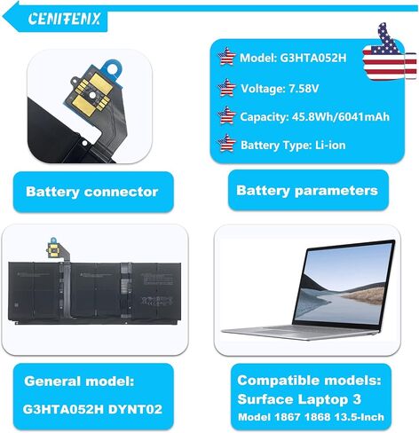 استبدال بطارية CENIFENX G3HTA052H G3HTA053H DYNT02 لجهاز Microsoft Surface Laptop 3، 13.5 بوصة طراز 1867 1868 Series Laptop 7.58V، 45.8Wh، 6041mAh، (ليس لجهاز Surface Laptop 3 15 بوصة) in Kuwait
