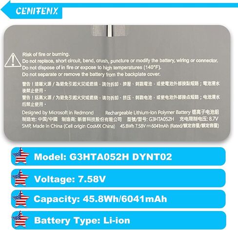 استبدال بطارية CENIFENX G3HTA052H G3HTA053H DYNT02 لجهاز Microsoft Surface Laptop 3، 13.5 بوصة طراز 1867 1868 Series Laptop 7.58V، 45.8Wh، 6041mAh، (ليس لجهاز Surface Laptop 3 15 بوصة) in Kuwait