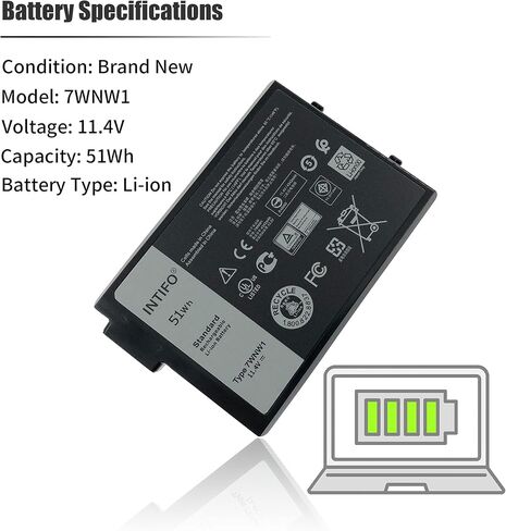 بطارية كمبيوتر محمول INTIFO 51Wh 7WNW1 متوافقة مع Dell Latitude 5420 5424 7424 Rugged Extreme Series Notebook 0GK3D3 GK3D3 0DMF8C DMF8C 06NNCF 6NNCF 0DP3KF DP3KF [11.4V 51Wh 3-Cell] in Kuwait