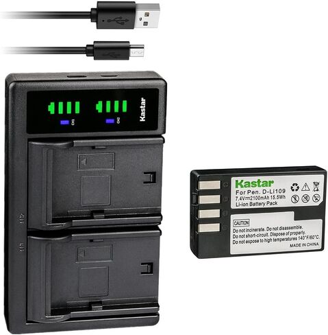 بطارية Kastar DLi109 واستبدال شاحن USB LTD2 لبطارية Pentax D-Li109، شاحن D-BC109، K-R KR، K-30 K30، K-50 K50، K-70 K70، K-500 K500، K-S1 KS1 ، كاميرا K-S2 KS2، KP، KF DSLR in Kuwait