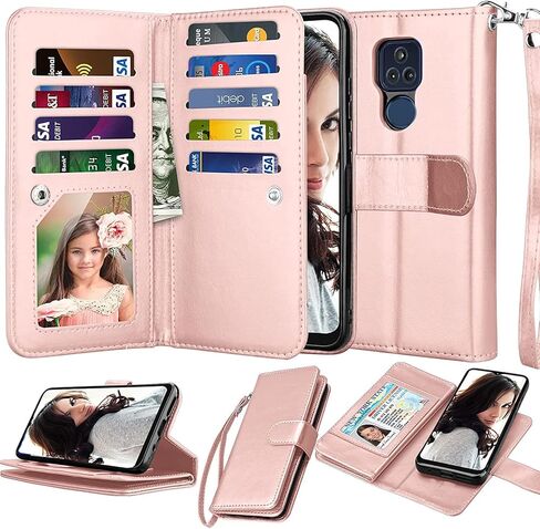 NJJEX for Moto G Play 2021 Case, for Motorola Moto G Play 2021 Wallet Case, [9 Card Slots] PU Leather ID Credit Holder Folio Flip [Detachable] Kickstand Magnetic Phone Cover & Lanyard [Rose Gold] in Saudi Arabia