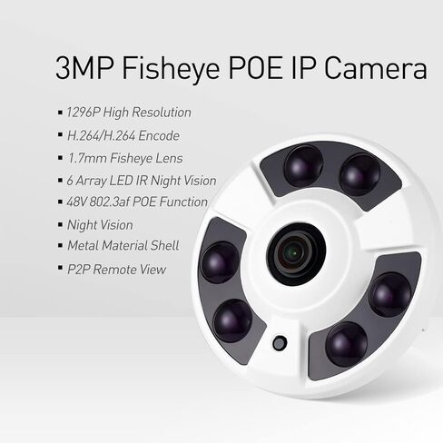 كاميرا REVOTECH Dome Fisheye POE IP، HD 3MP كاميرا أمان داخلية ONVIIF عدسة 1.7 مم 6 صفيف LED IR رؤية ليلية P2P عرض عن بعد CCTV كاميرا فيديو H.265/H.264(IF02-P أبيض) in Kuwait