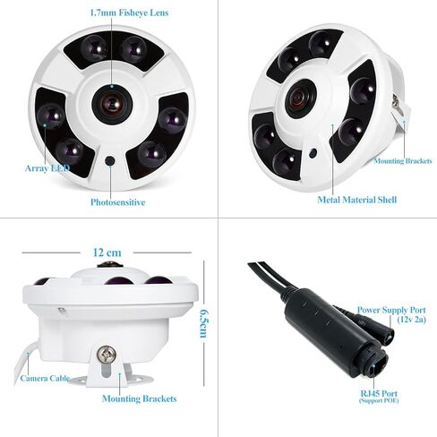 كاميرا REVOTECH Dome Fisheye POE IP، HD 3MP كاميرا أمان داخلية ONVIIF عدسة 1.7 مم 6 صفيف LED IR رؤية ليلية P2P عرض عن بعد CCTV كاميرا فيديو H.265/H.264(IF02-P أبيض) in Kuwait