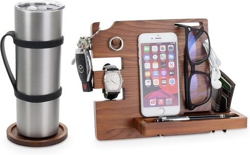 قاعدة الإرساء الخشبية للرجال تحمل مفاتيح الهاتف والساعة والمحفظة والخاتم والنظارات والخاتم تأتي مع قاعدة أكواب وكتاب إلكتروني من Peraco's in Kuwait