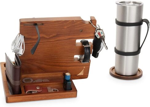 قاعدة الإرساء الخشبية للرجال تحمل مفاتيح الهاتف والساعة والمحفظة والخاتم والنظارات والخاتم تأتي مع قاعدة أكواب وكتاب إلكتروني من Peraco's in Kuwait