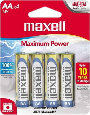 Maxell - 723465، بطارية قلوية AA موثوقة - تدوم 10x طويلة مع أداء 1.5 فولت مع خالية من الزئبق والكادميوم - مثالية للوحات المفاتيح اللاسلكية والماوس والساعات والمصابيح الكاشفة والألعاب - عبوة من 4 قطع in Kuwait