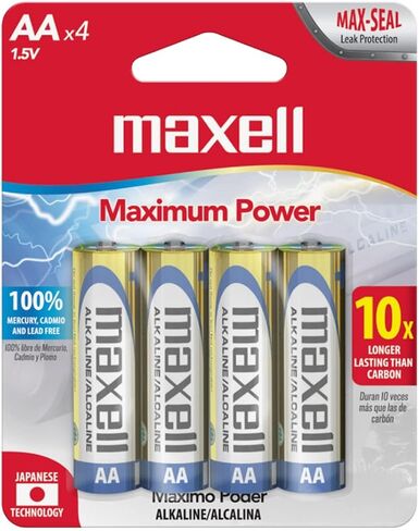 Maxell - 723465، بطارية قلوية AA موثوقة - تدوم 10x طويلة مع أداء 1.5 فولت مع خالية من الزئبق والكادميوم - مثالية للوحات المفاتيح اللاسلكية والماوس والساعات والمصابيح الكاشفة والألعاب - عبوة من 4 قطع in Kuwait