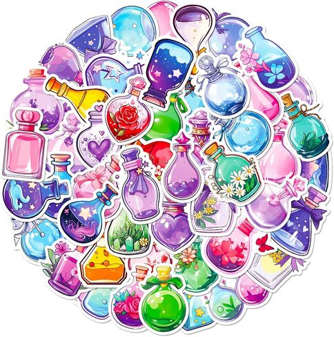50Pcs Aesthetic Anime Stickers Pack, Perfume Bottle Stickers for Water Bottle, Laptop, Suitcase, Bicycle, Notebooks, Skateboard, Scrapbooking, Waterproof Kawaii Magic Potion Bottle Decals in Kuwait