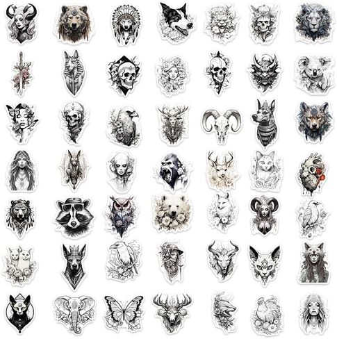 50Pcs Black and White Stickers for Water Bottle, Waterproof Anime Animals Stickers for Laptop, Hydroflasks, Skateboard, Suitcase, Bicycle, Scrapbooking Cool Stickers Pack for Teens and Adults in Kuwait