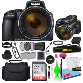 كاميرا نيكون COOLPIX P1000 الرقمية ذات التكبير البصري 16 ميجابكسل 125x (26522) حزمة فاخرة مع بطاقة SD سعة 64 جيجابايت من SanDisk + حقيبة كاميرا كبيرة + مجموعة مرشح + بطارية احتياطية + مجموعة تنظيف (متجددة) in Saudi Arabia