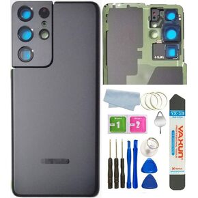 Galaxy S21 Ultra Back Glass Cover Waterproof Housing Door with Camera Glass Lens and Tape Parts Replacement for Samsung Galaxy S21 Ultra 5G + Tools (Phantom Black)