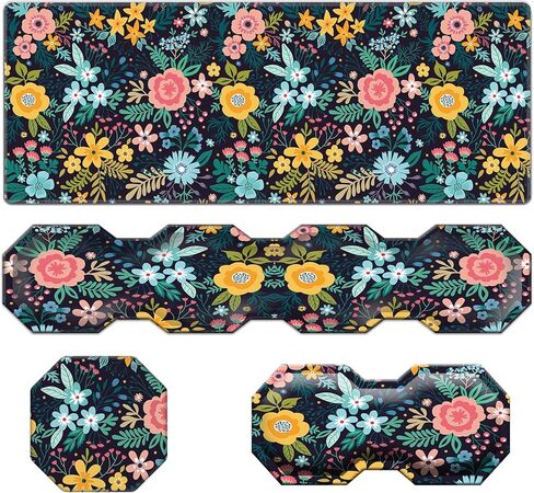 لوحة ماوس ألعاب كبيرة + مسند معصم لوحة مفاتيح + مسند مسند مسند معصم للفأر+ قاعدة كوب - إسفنج ذاكرة مريح، 4 قطع للكمبيوتر والمنزل والمكتب، زهور سوداء in Kuwait