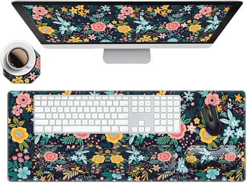 لوحة ماوس ألعاب كبيرة + مسند معصم لوحة مفاتيح + مسند مسند مسند معصم للفأر+ قاعدة كوب - إسفنج ذاكرة مريح، 4 قطع للكمبيوتر والمنزل والمكتب، زهور سوداء in Kuwait