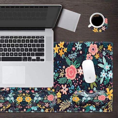 لوحة ماوس ألعاب كبيرة + مسند معصم لوحة مفاتيح + مسند مسند مسند معصم للفأر+ قاعدة كوب - إسفنج ذاكرة مريح، 4 قطع للكمبيوتر والمنزل والمكتب، زهور سوداء in Kuwait