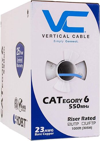 كابل عمودي Cat6، 550 ميجاهرتز، UTP، 23AWG، نحاس عاري صلب، 1000 قدم، كابل إيثرنت بالجملة - سلسلة 060، أزرق in Kuwait