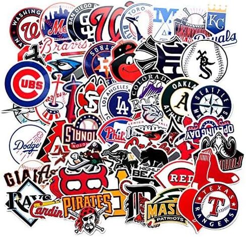 53 قطعة من ملصقات شعار فريق البيسبول، عبوة من بلاستيك PVC المقاوم للماء من الفينيل ولوح التزلج والجيتار وحقيبة السفر ملصقات للباب واللابتوب والامتعة والسيارة والدراجة والدراجة in Kuwait