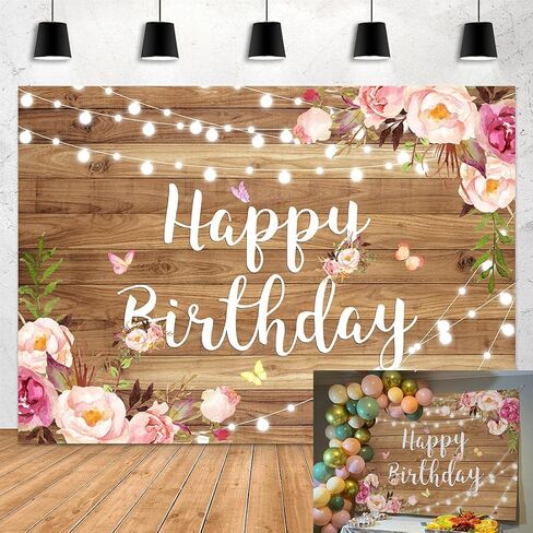 Rustic Wood Flower Happy Birthday Backdrop Blush Rose Butterfly Brown Wood Floor Photography Background Baby Shower Girl Ladies Birthday Party Banner Cake Table Decoration Photo Booth in Kuwait