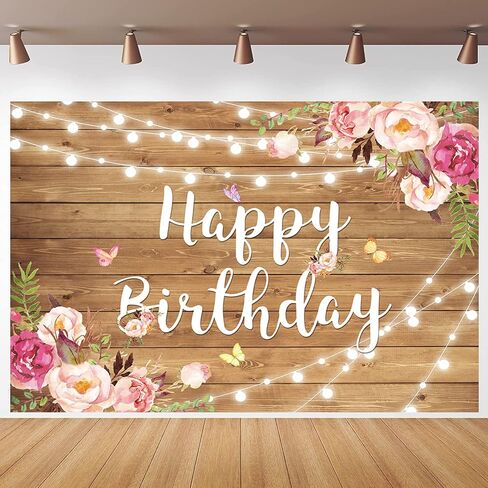 Rustic Wood Flower Happy Birthday Backdrop Blush Rose Butterfly Brown Wood Floor Photography Background Baby Shower Girl Ladies Birthday Party Banner Cake Table Decoration Photo Booth in Kuwait