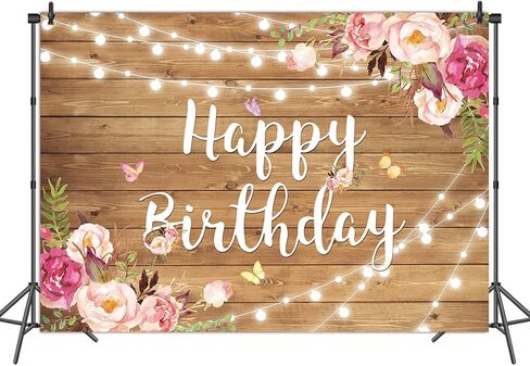 Rustic Wood Flower Happy Birthday Backdrop Blush Rose Butterfly Brown Wood Floor Photography Background Baby Shower Girl Ladies Birthday Party Banner Cake Table Decoration Photo Booth in Kuwait