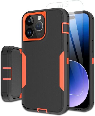 Dahkoiz for iPhone 15 Pro Max Phone Case, and Glass Screen Protector, Dust-Proof Port Cover, Full Body Non-Slip Wear-Resistant Rubber Protection, Black/Black in Kuwait