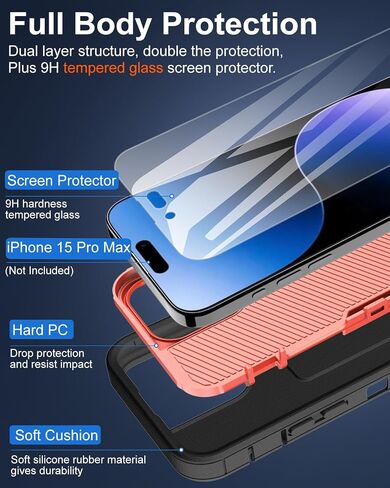 Dahkoiz for iPhone 15 Pro Max Phone Case, and Glass Screen Protector, Dust-Proof Port Cover, Full Body Non-Slip Wear-Resistant Rubber Protection, Black/Black in Kuwait