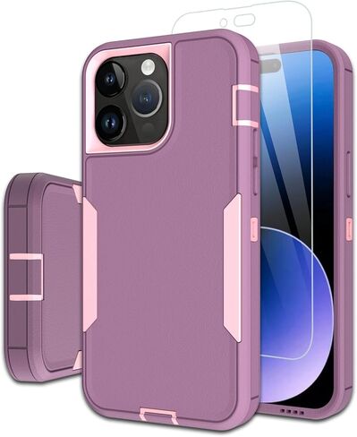 حافظة هاتف Dahkoiz لهاتف iPhone 15 Pro Max، وواقي شاشة زجاجي، غطاء منفذ مقاوم للغبار، حماية مطاطية مقاومة للانزلاق لكامل الجسم، أسود/أسود in Kuwait