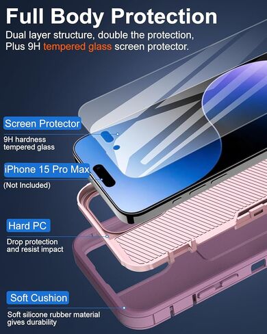 حافظة هاتف Dahkoiz لهاتف iPhone 15 Pro Max، وواقي شاشة زجاجي، غطاء منفذ مقاوم للغبار، حماية مطاطية مقاومة للانزلاق لكامل الجسم، أسود/أسود in Kuwait